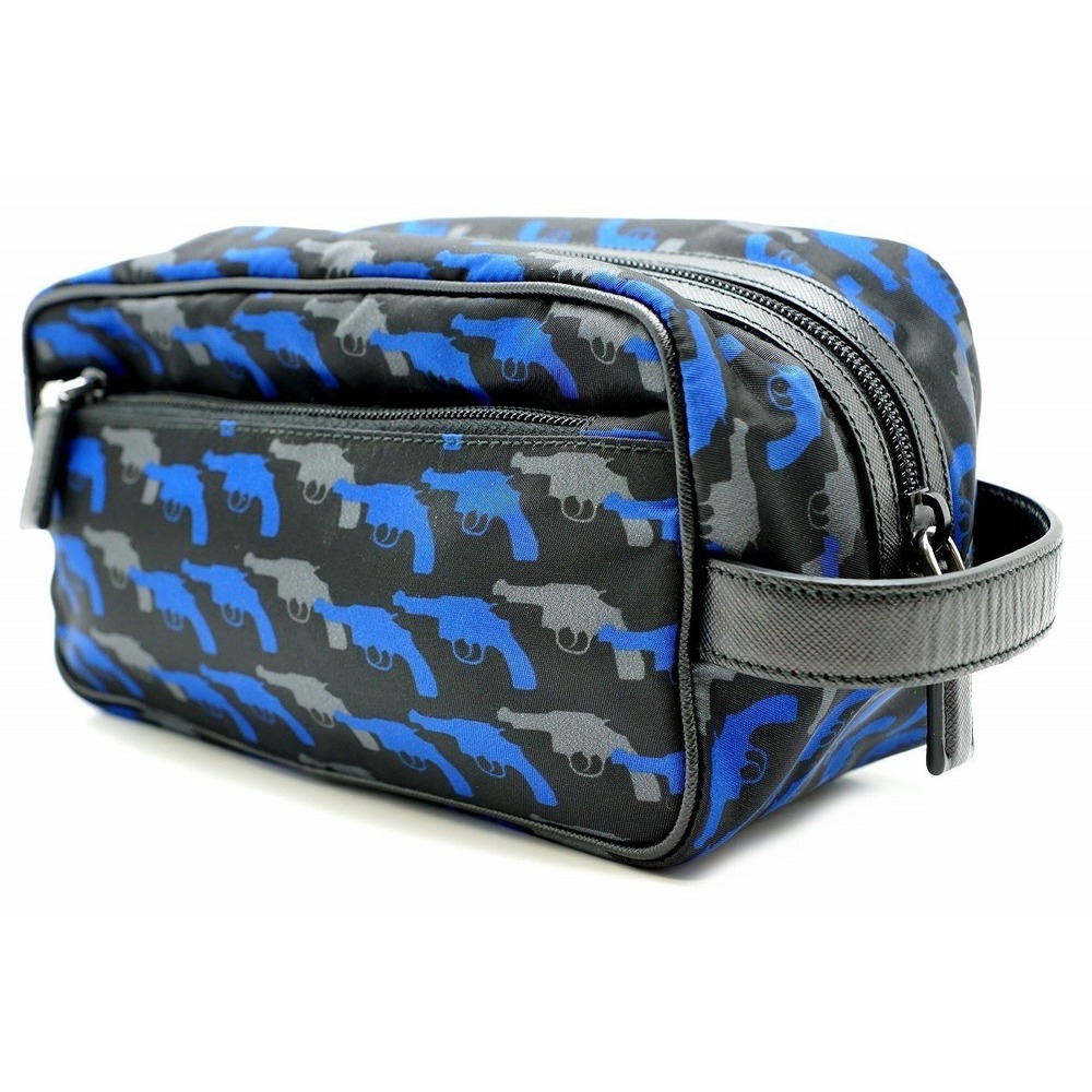 Prada Motif Blue Nylon Bag Pistol Clutch Leather